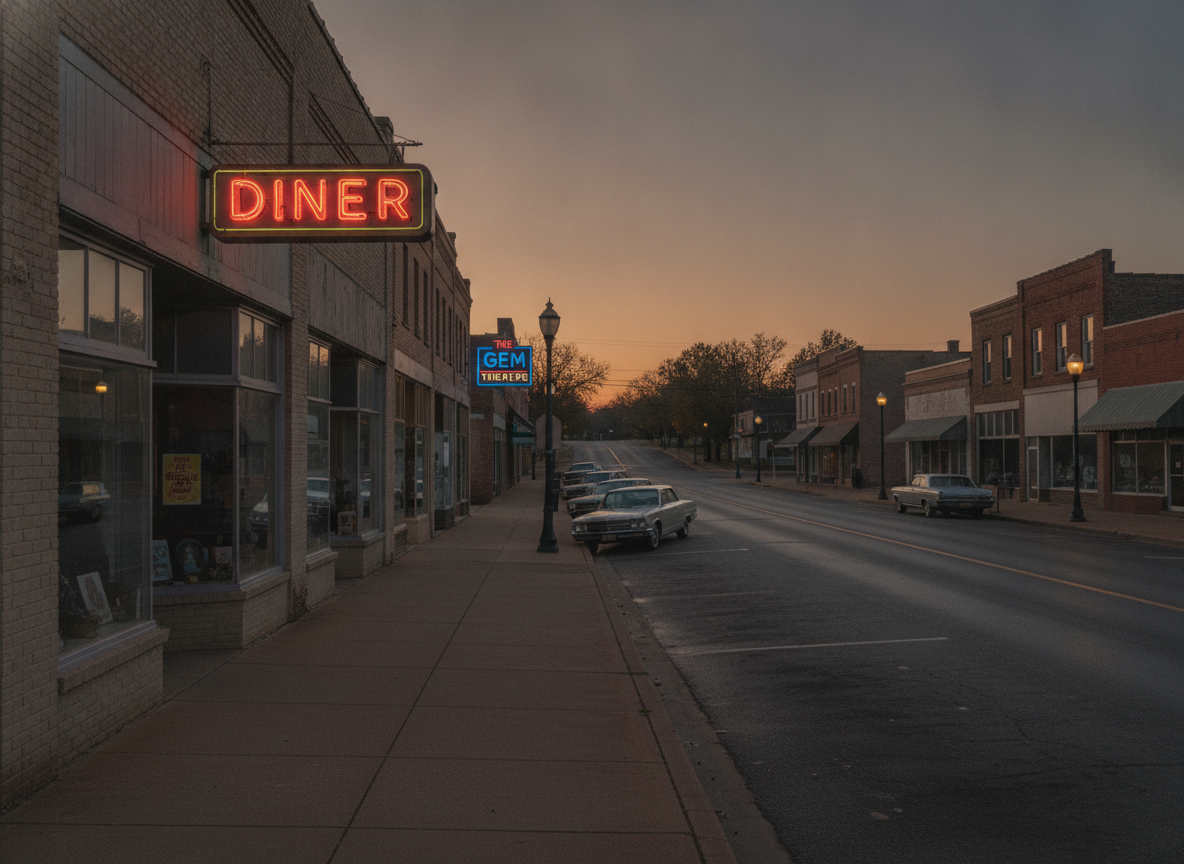 A quiet dusk-lit small-town main street with low storefronts and a warm neon glow under an Oklahoma sky