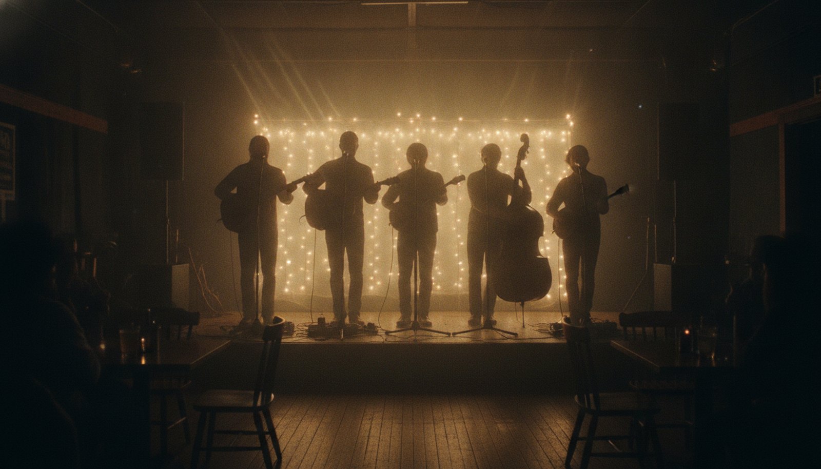 A five-piece Americana string band in silhouette on a small stage lit by warm string lights