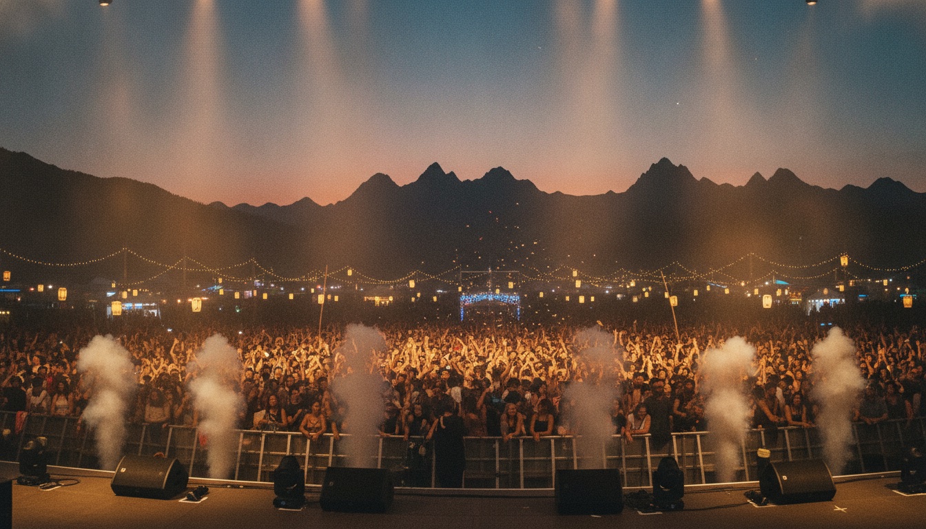 A packed outdoor mountain music festival at dusk seen from the stage with warm lights