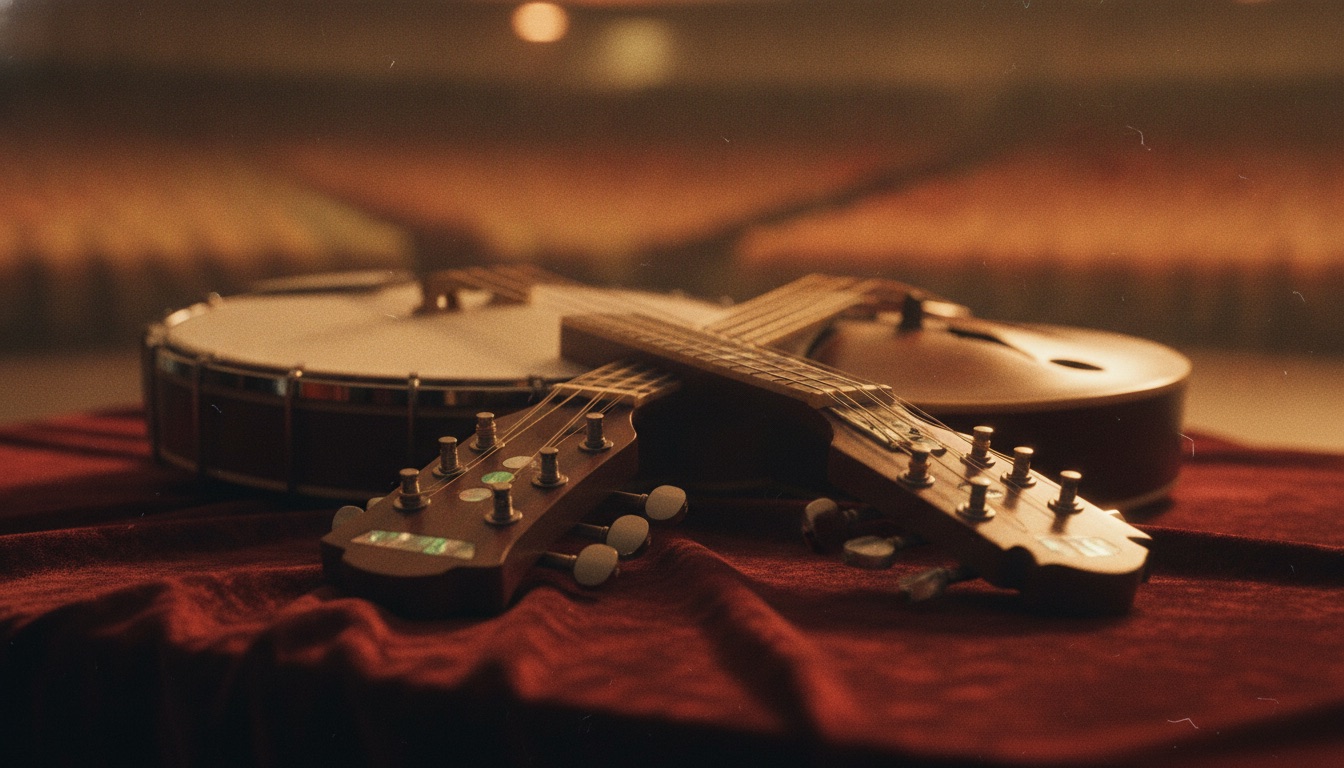 A banjo and mandolin resting together in warm golden stage light