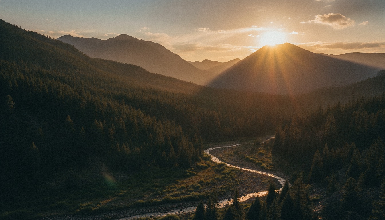 Colorado high-country mountains at golden hour with pine forest and warm haze