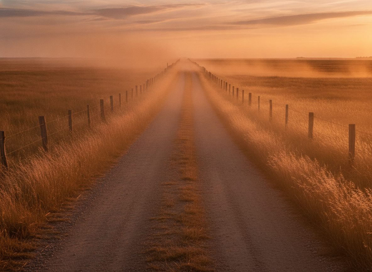 A dusty gravel back road stretching toward the horizon under low golden light, fence posts and dry grass alongside