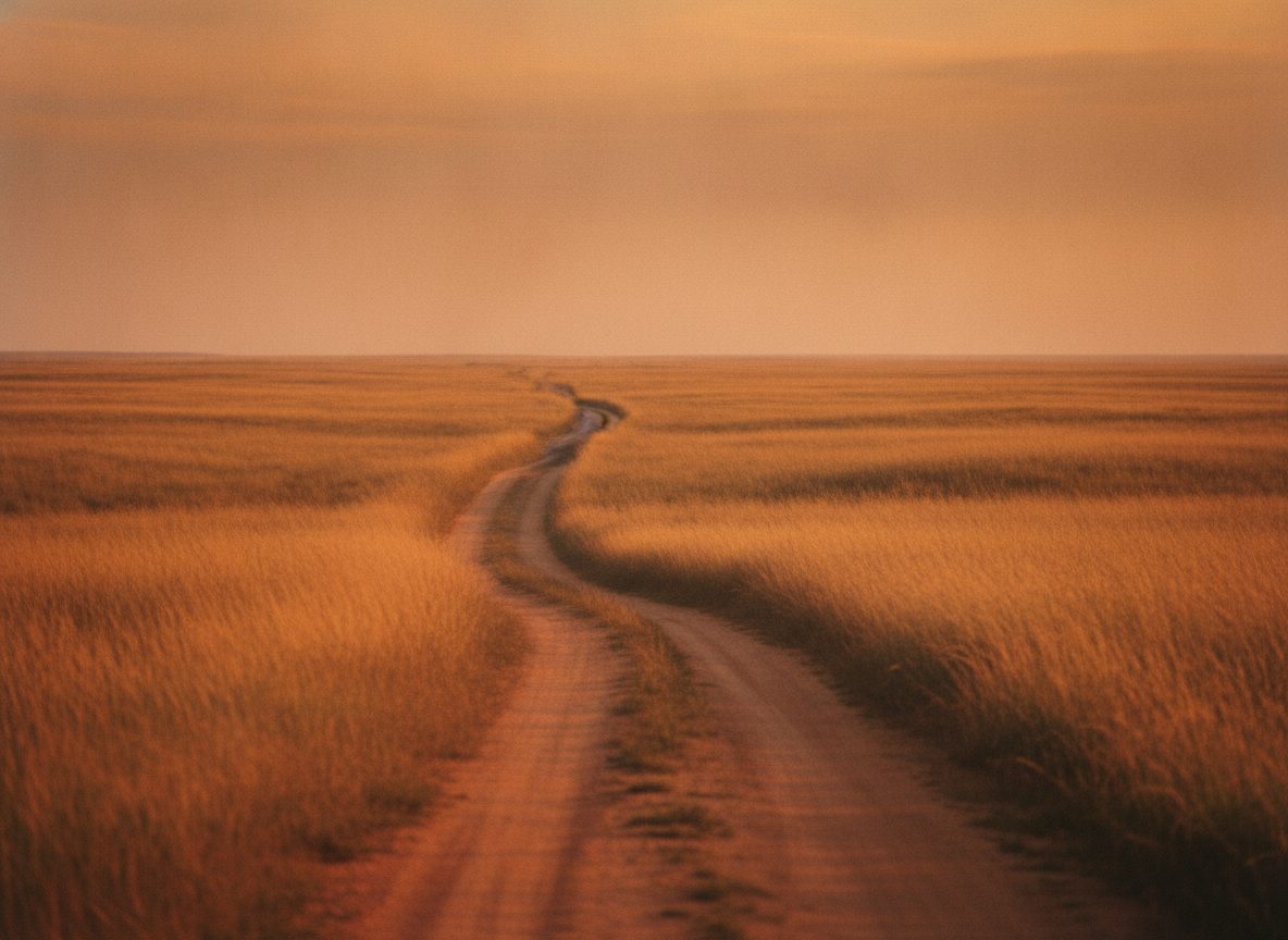 Wide open Oklahoma plains at dusk with tall grass and a distant dirt road under a dusty amber sky