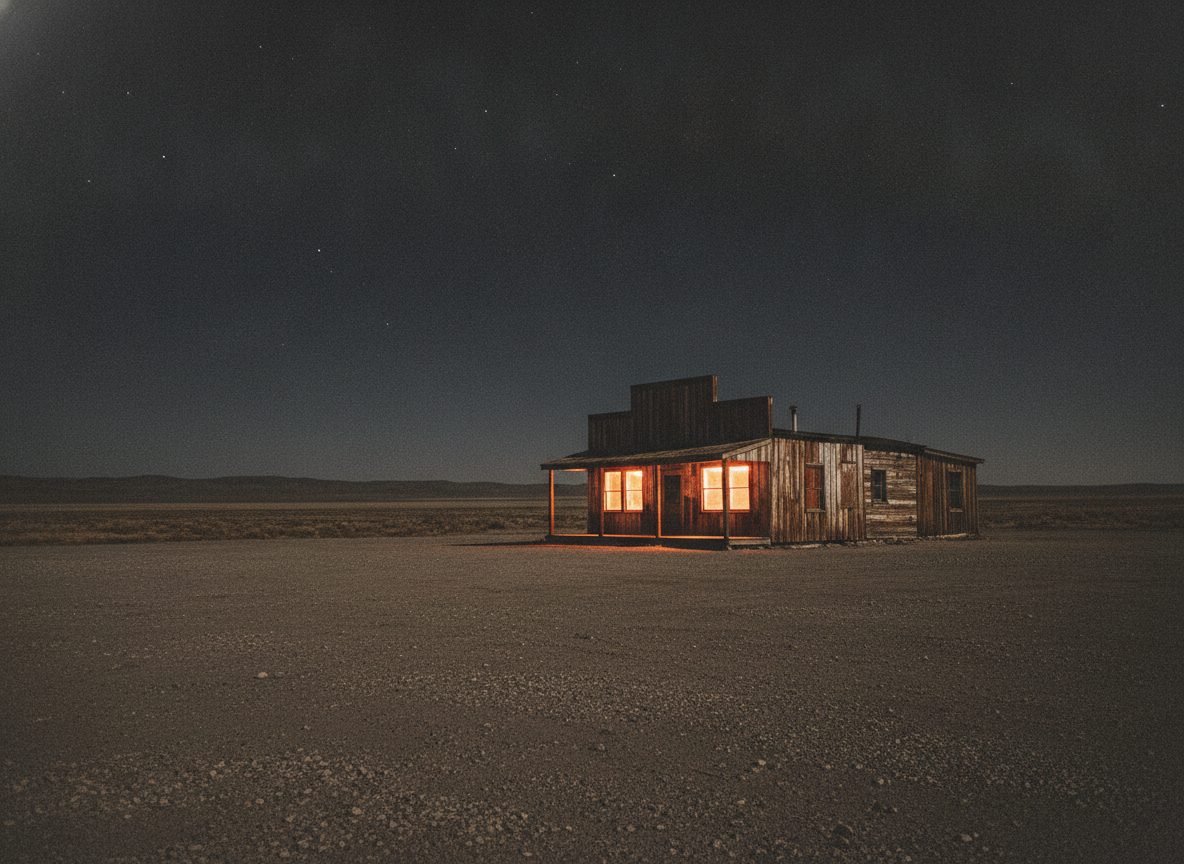 A weathered wooden roadhouse bar at night lit by warm amber neon, empty gravel lot out front