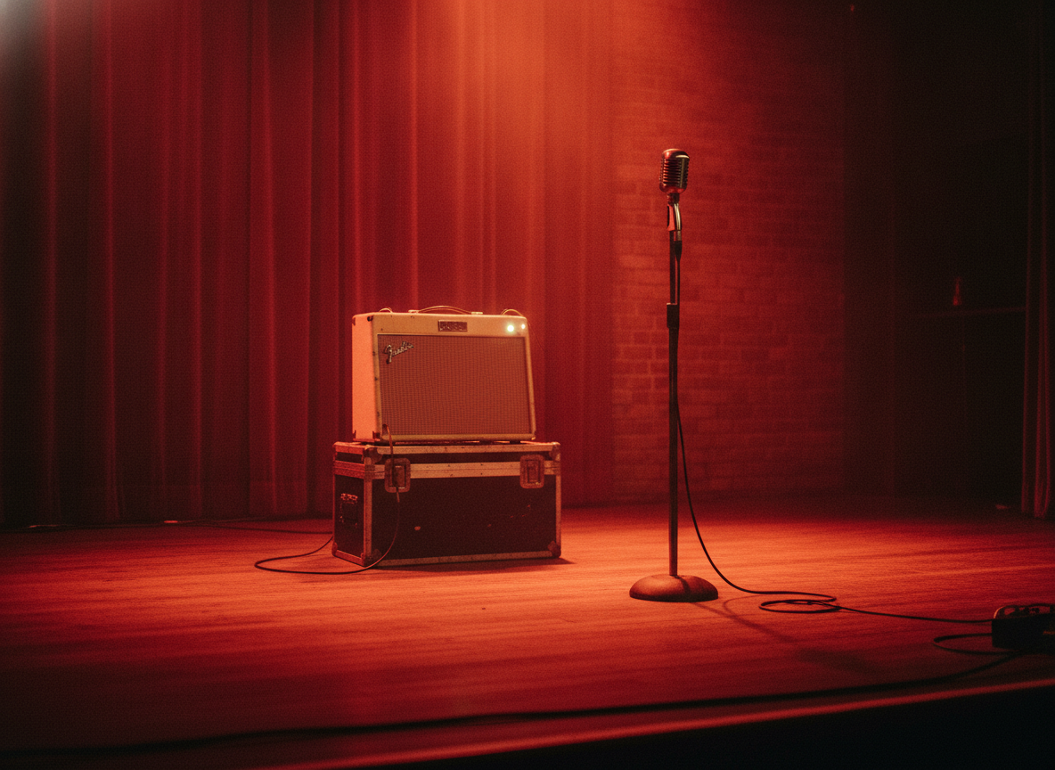 A red-lit club stage set with a vintage amplifier and a single microphone stand in warm haze