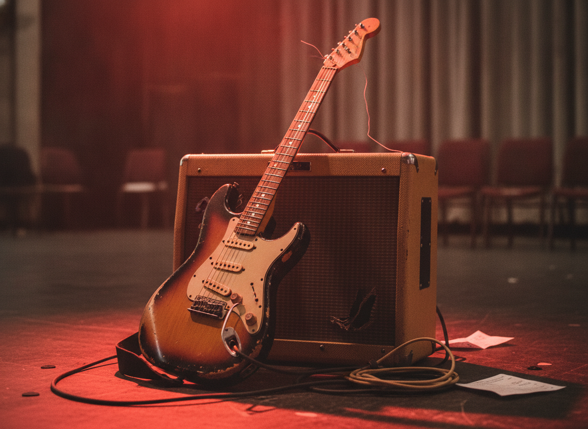 A worn electric guitar leaning against a vintage amplifier under warm red stage light