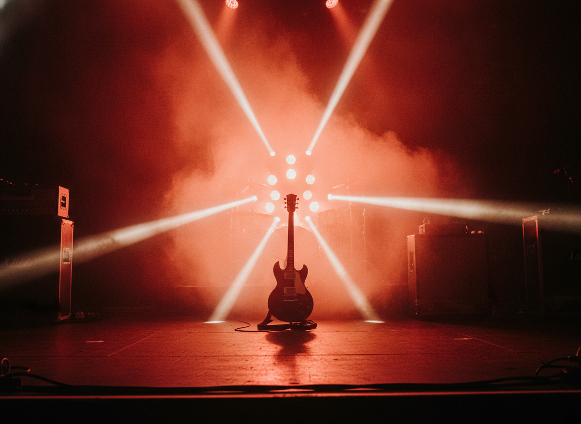 A red and amber lit concert stage with an electric guitar silhouetted against smoke and spotlights