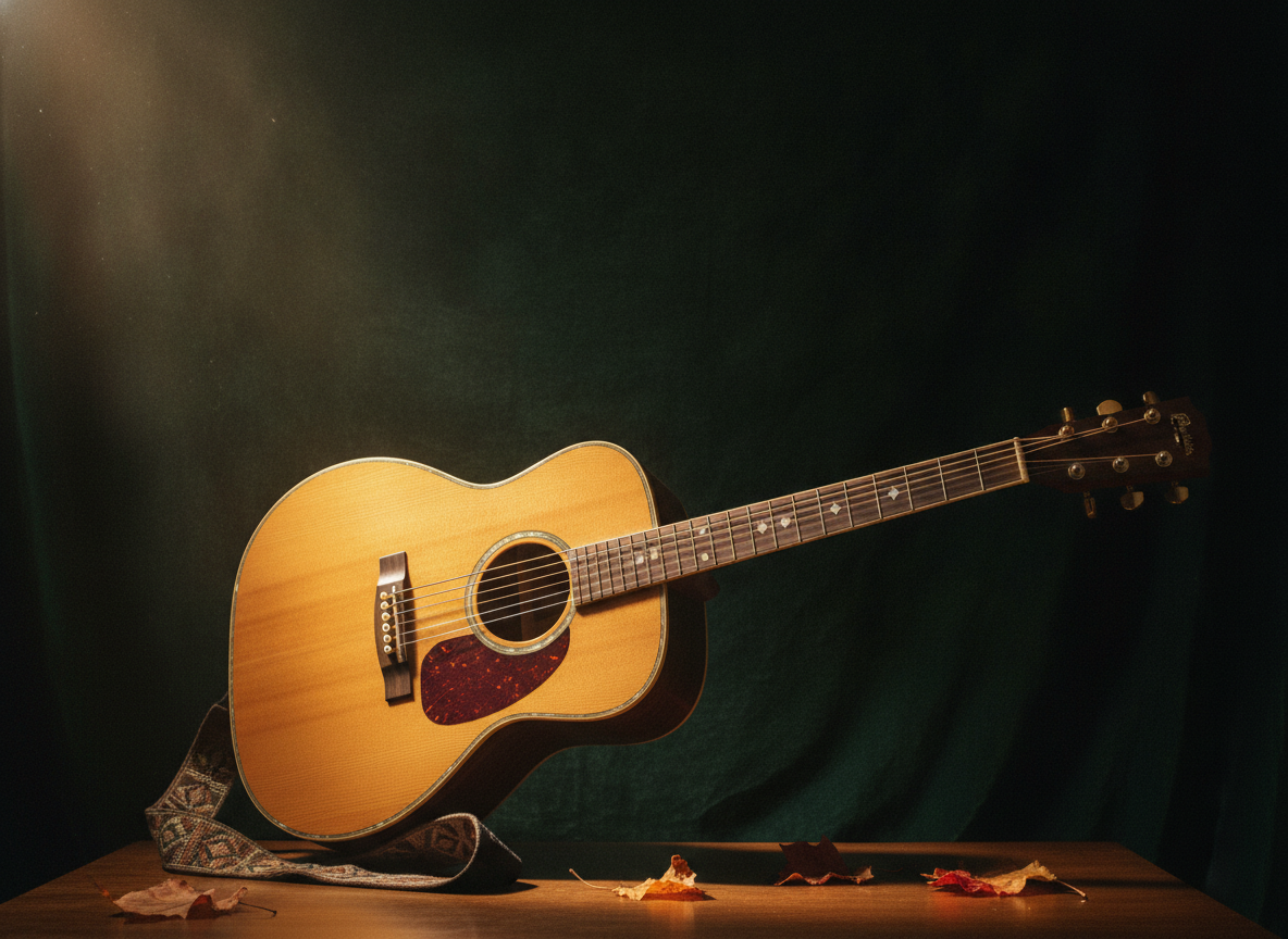 An acoustic guitar resting in warm golden light against a dark green backdrop