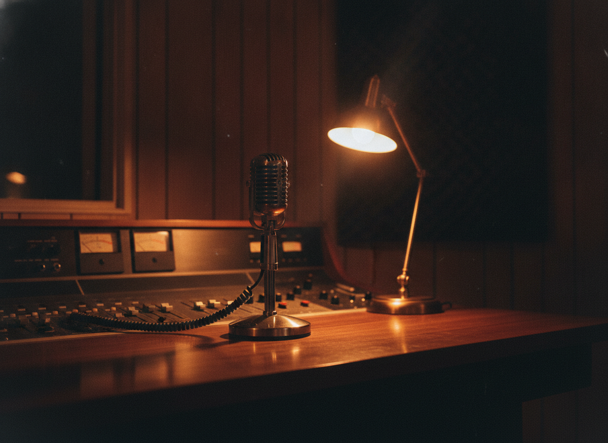 A dimly lit recording studio with a microphone and warm amber lamplight against dark wood